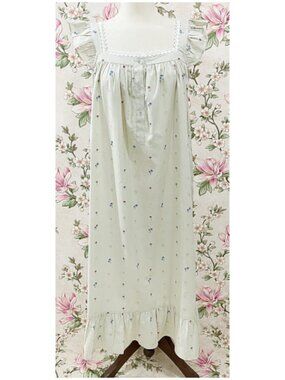 SoieRose Ivory Palm Print 100% Cotton Victorian Flutter Sleeve Nightgown-SR-1302
